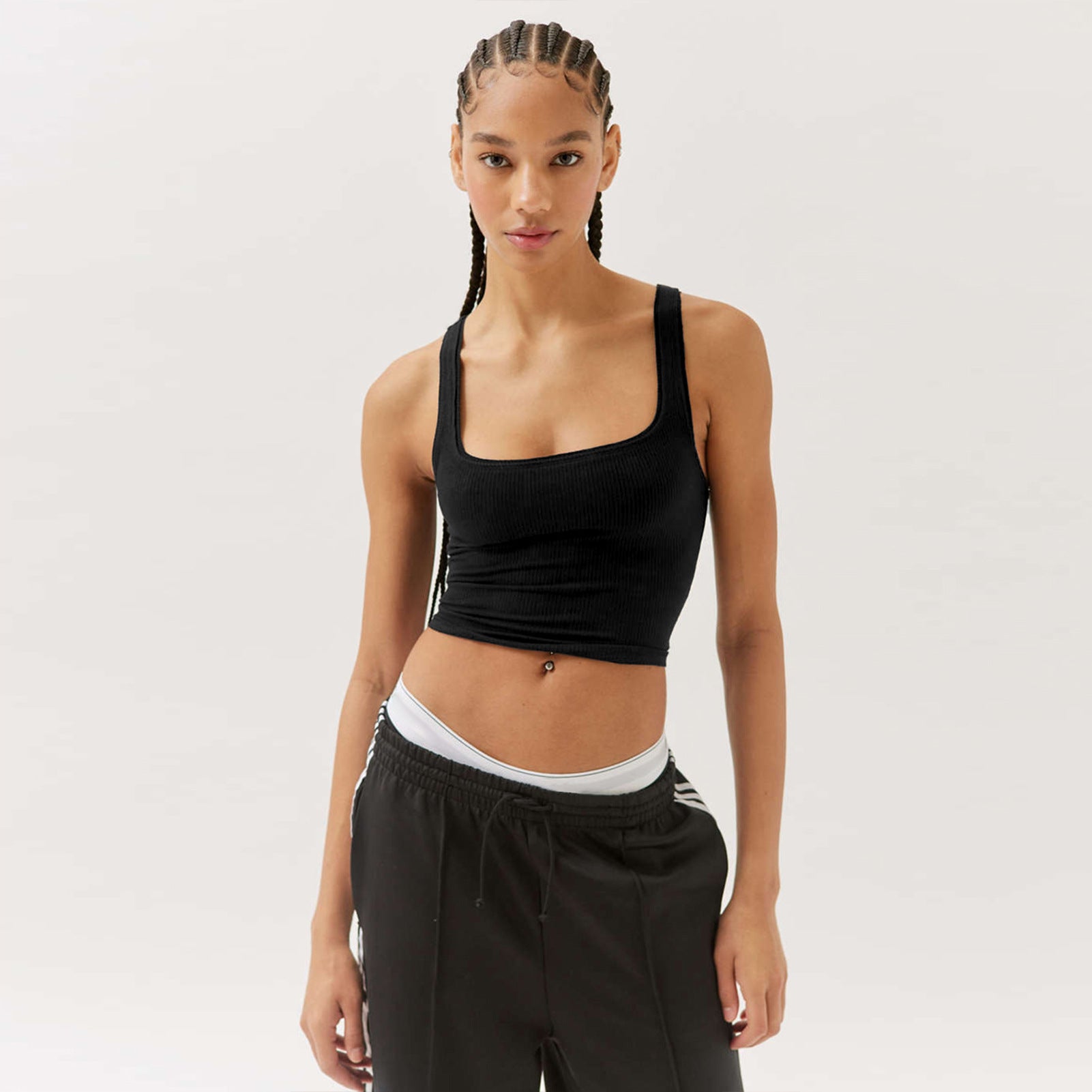 Crop Vest Top with Square Neck and Ribbed Stretch - black full-length front view