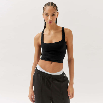 Crop Vest Top with Square Neck and Ribbed Stretch - black full-length front view
