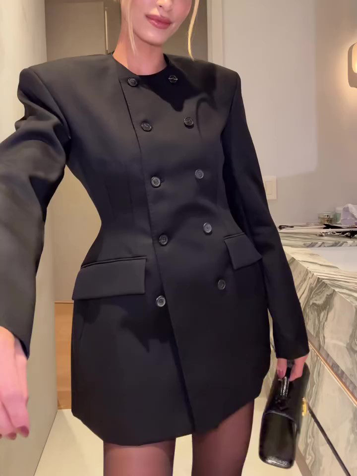 Blazer Mini Dress in Black with Double-Breasted Front - black close-up front detail