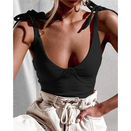 Ribbed Plunge Vest Top with Tie Shoulders - black front view