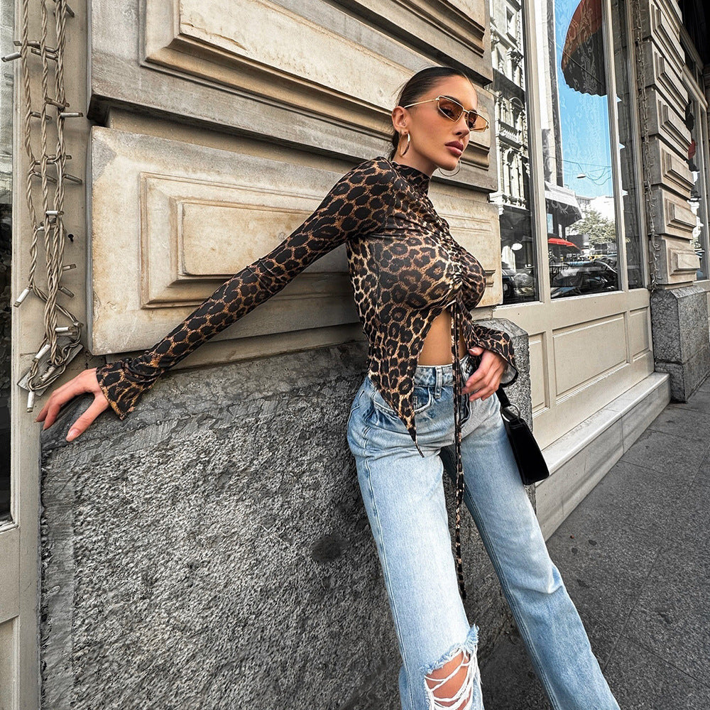 Mesh Top in Leopard Print with Drawstring Front - leopard print side angle