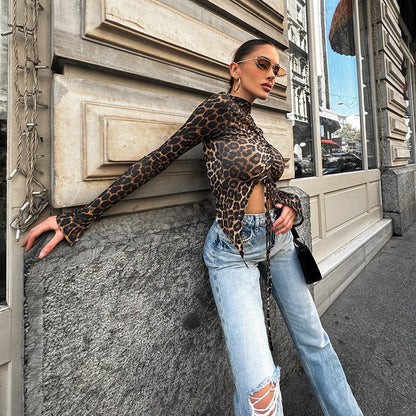 Mesh Top in Leopard Print with Drawstring Front - leopard print side angle