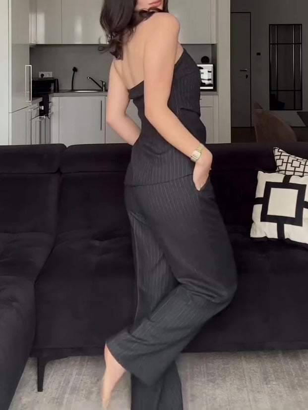 Bandeau Top & Wide-Leg Trousers Co-Ord in Pinstripe - charcoal pinstripe back view