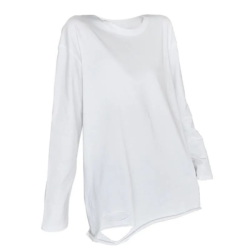 Longline Top in White with Plain or Distressed Hem - white distressed hem flat lay