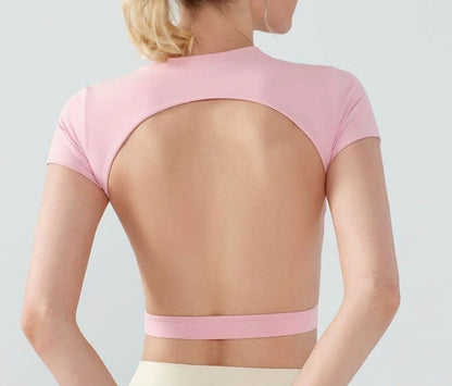 Sports Crop Top with Built-In Cups and Open Back - raspberry red open-back rear view