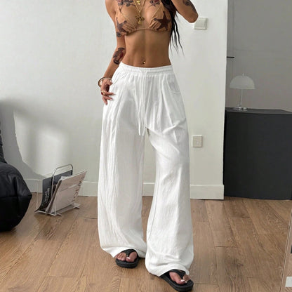 Wide-Leg Trousers in White Crinkle Cotton - white front full-length view
