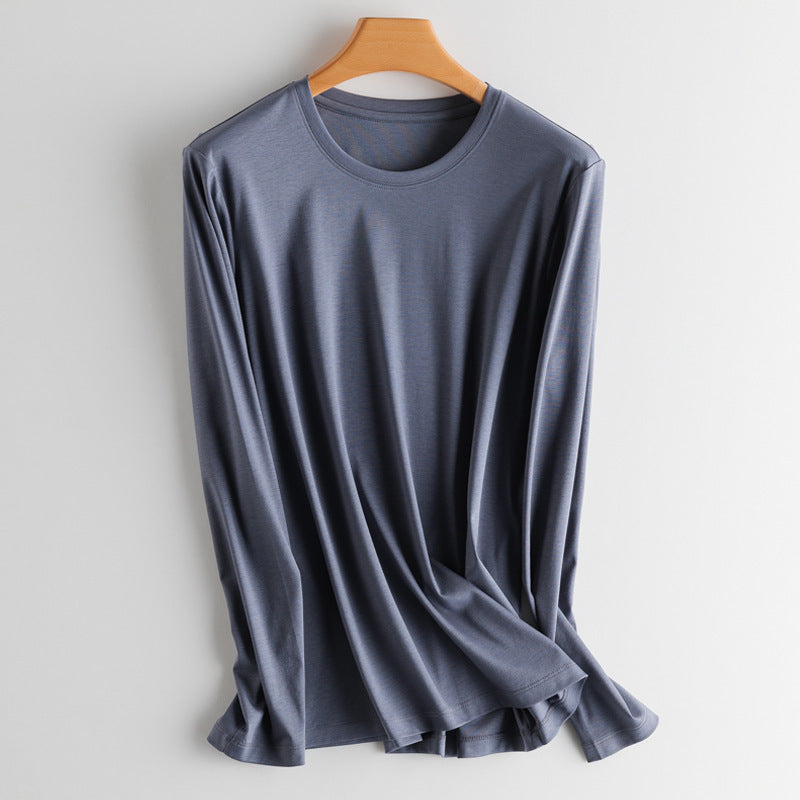 T-Shirt in Soft Drape Jersey with Long Sleeves - grey round neck front view
