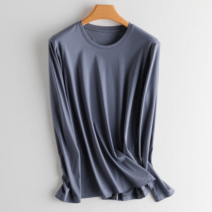 T-Shirt in Soft Drape Jersey with Long Sleeves - grey round neck front view