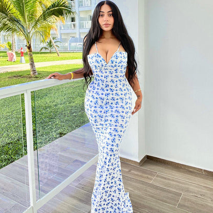 Maxi Dress in Blue Ditsy Floral Print with Tie Straps - blue floral front view