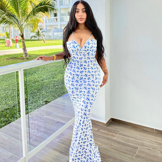 Maxi Dress in Blue Ditsy Floral Print with Tie Straps - blue floral front view
