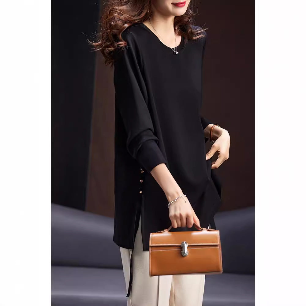 Tunic Top in Black with Side-Button Split Hem - black front styling view