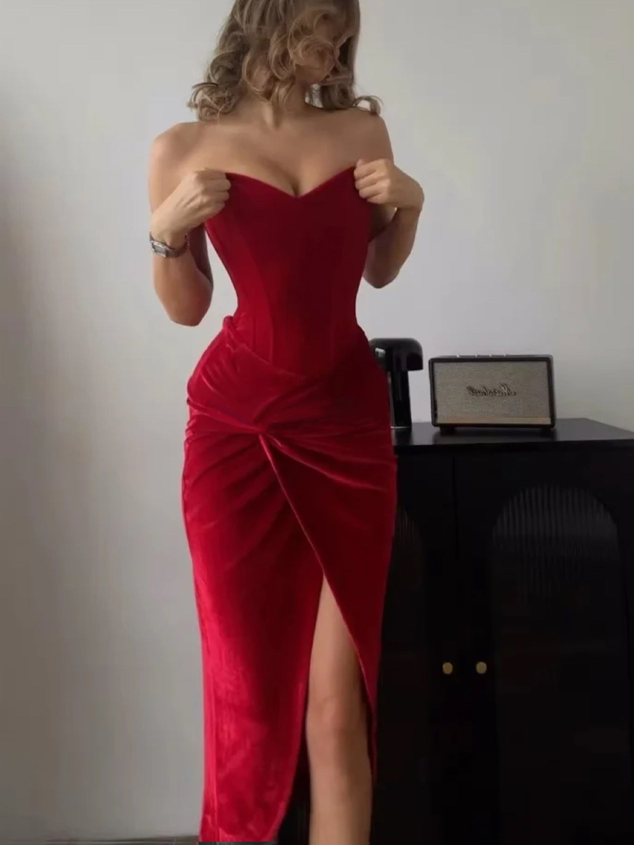 Strapless Corset Midi Dress in Red Velvet - red front view with sweetheart neckline
