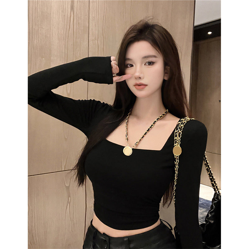 Square-Neck Long-Sleeve Ruched Top - Black full-length front view