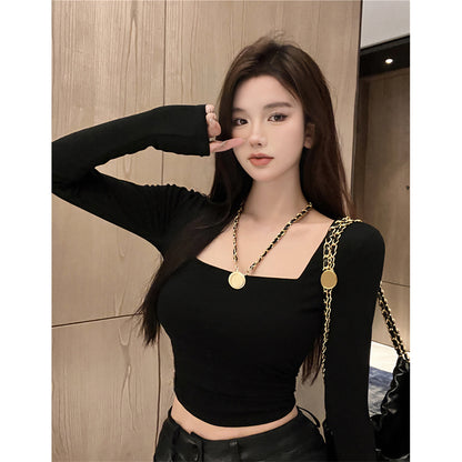 Square-Neck Long-Sleeve Ruched Top - Black full-length front view