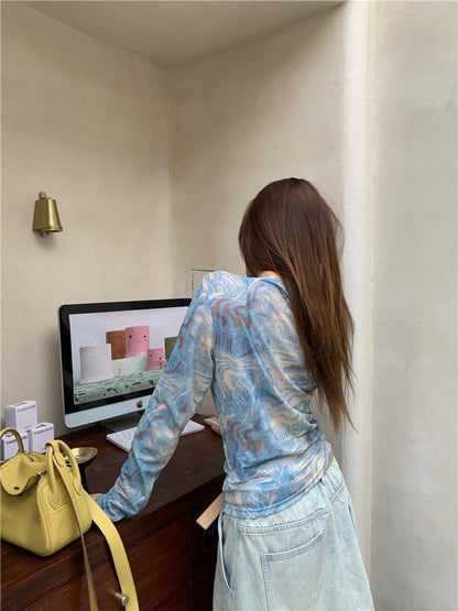 Top in Blue Swirl Print Mesh with Long Sleeves - blue back view