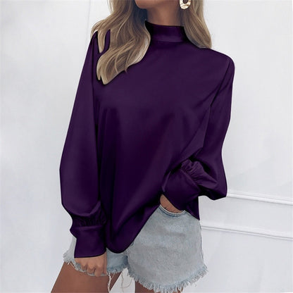Blouse with Soft High Neck and Lantern Sleeves - purple front view