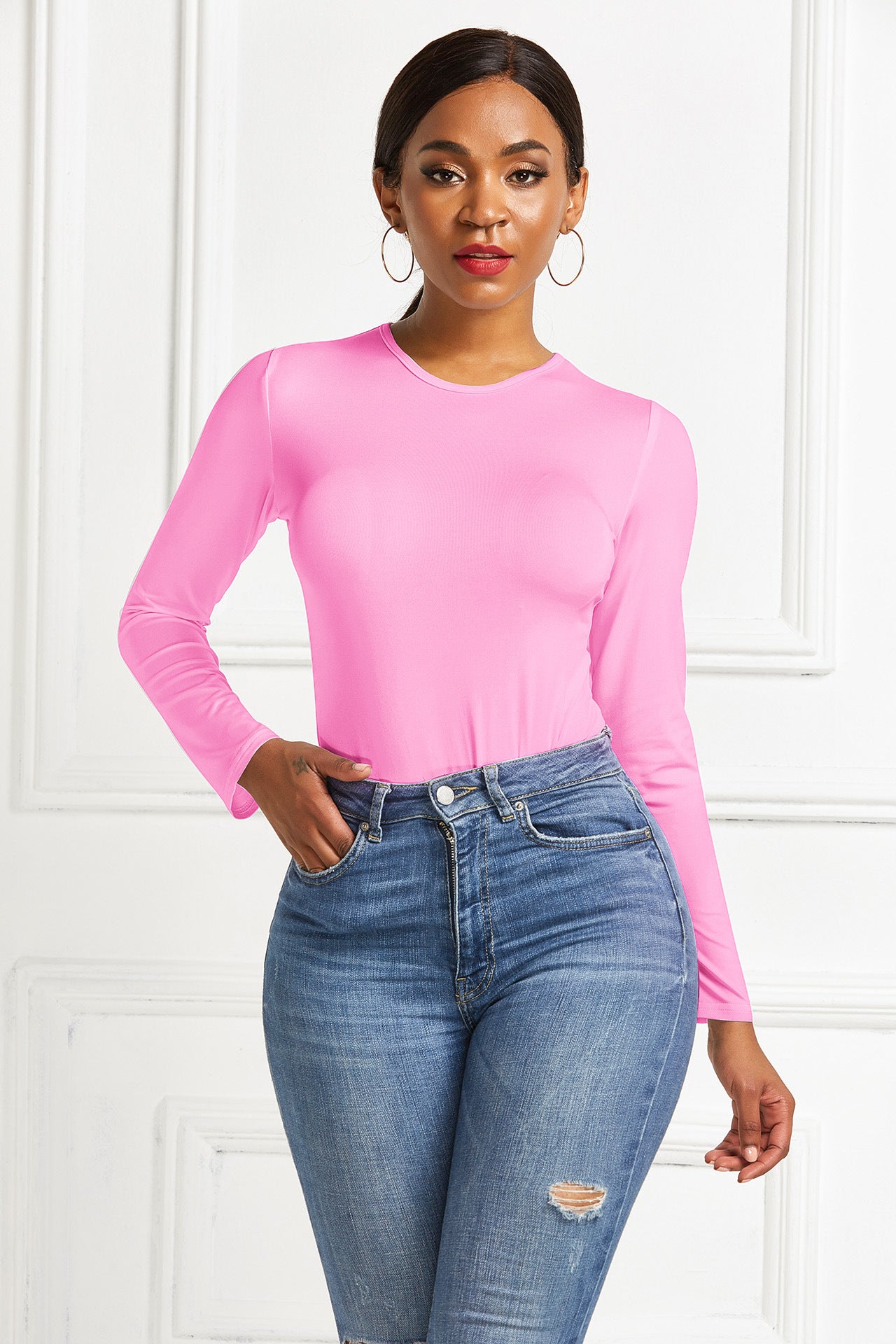 Bodysuit with Long Sleeves and Crew Neck - pink styled with jeans