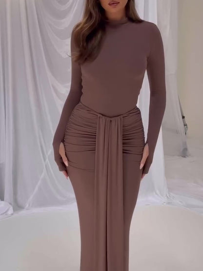 Maxi Dress in Brown with Long Sleeves and Ruched Hips - brown front full-length view