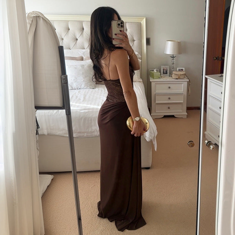 Maxi Dress with Sheer Lace Bodice and Draped Skirt - brown side and open-back view