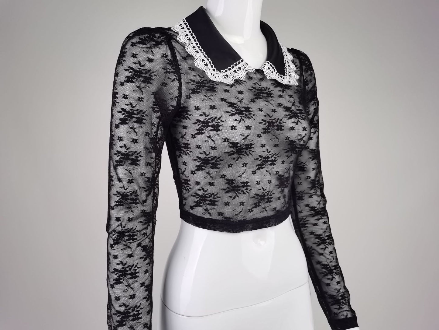 Crop Top in Sheer Black Lace with Pearl Collar - black side mannequin view