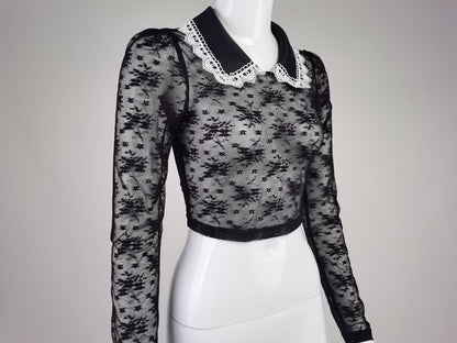 Crop Top in Sheer Black Lace with Pearl Collar - black side mannequin view
