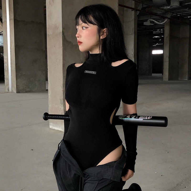 Bodysuit in Black with Shoulder Cut-Outs & Arm Warmers - black front lifestyle