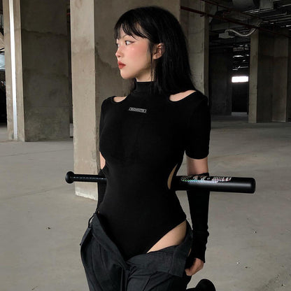 Bodysuit in Black with Shoulder Cut-Outs & Arm Warmers - black front lifestyle