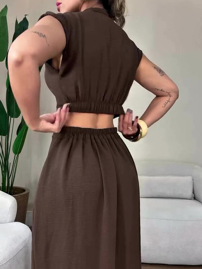 Maxi Shirt Dress in Brown with Waist Cut-Out - brown back view