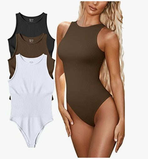 Bodysuit in Ribbed Cotton, Sleeveless Crew Neck - brown front studio composite
