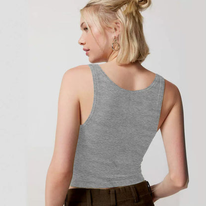 Crop Vest Top with Square Neck and Ribbed Stretch - grey marl back view