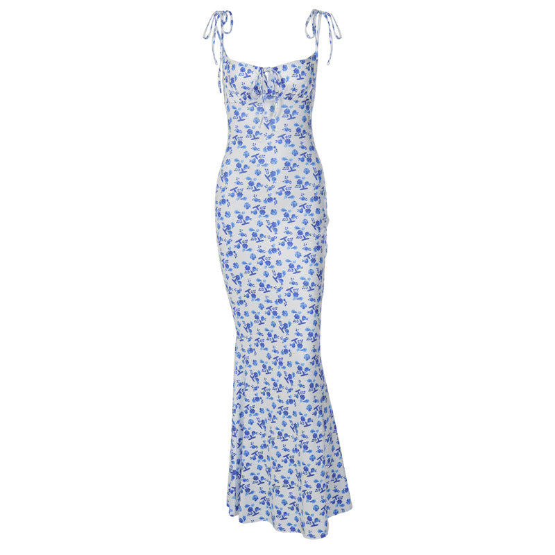 Maxi Dress in Blue Ditsy Floral Print with Tie Straps - blue floral flat lay