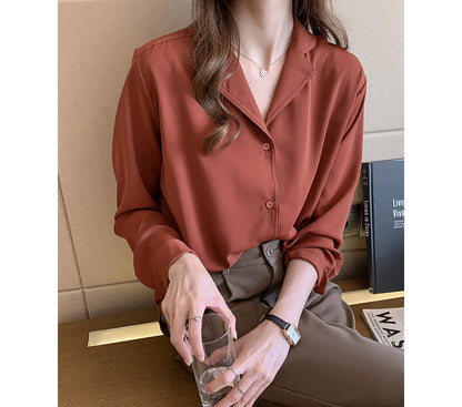 Blouse with Revere Collar, Relaxed Fit and Long Sleeves - red seated styling view