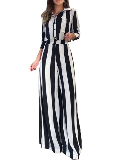 Shirt & Wide-Leg Trouser Co-ord in Black and White Stripe - full-length studio cutout