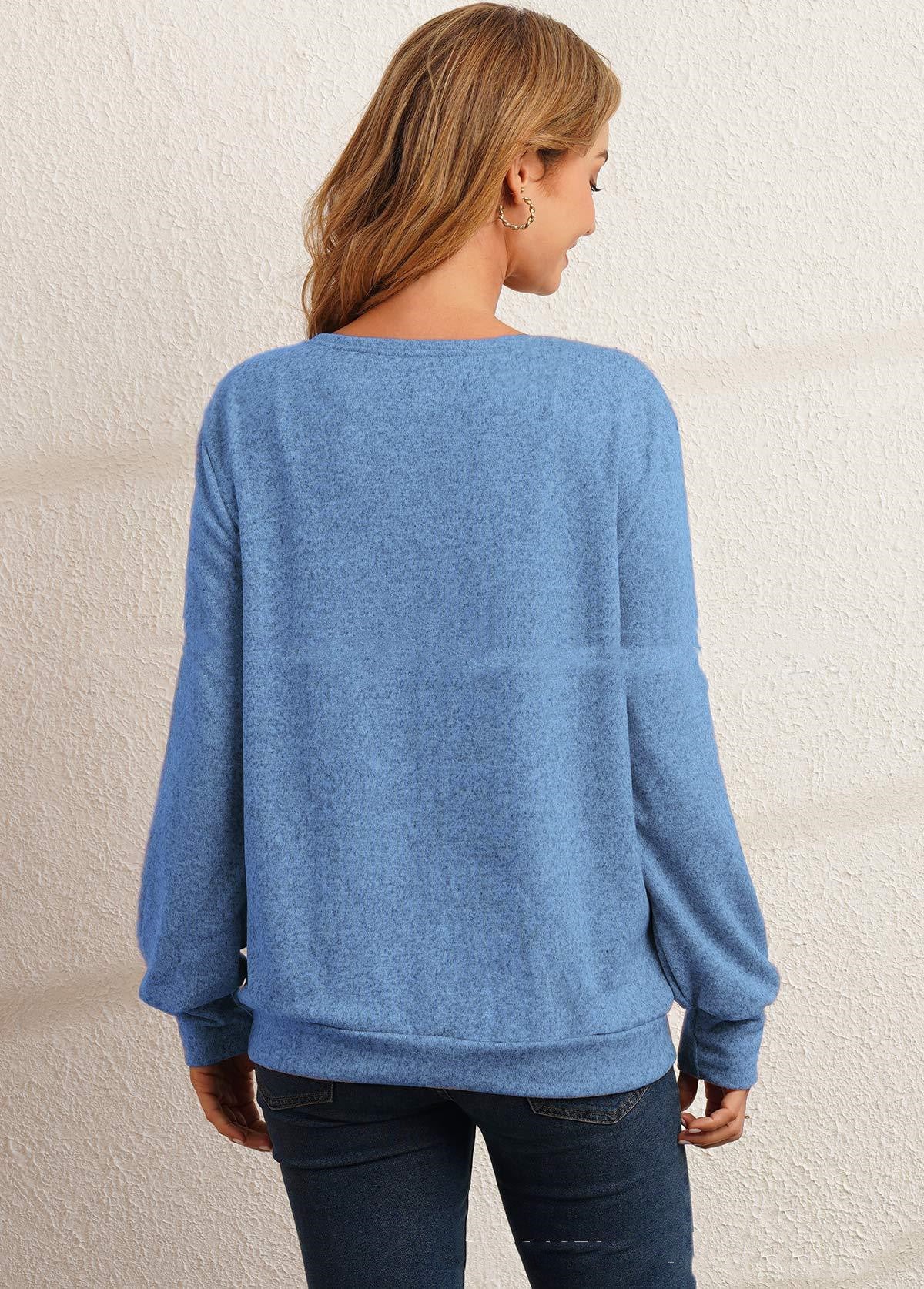 Long Sleeve Slash-Neck Top with Asymmetric Zip Detail - blue back view