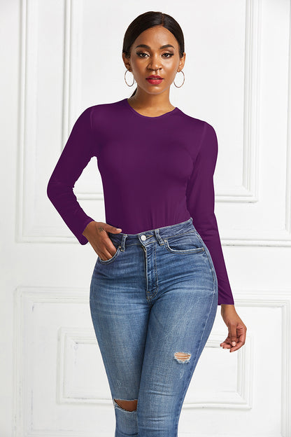 Bodysuit with Long Sleeves and Crew Neck - purple styled with jeans