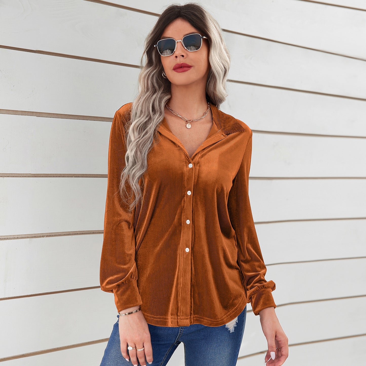 Shirt in Velvet Stripe with Relaxed Longline Fit - caramel front view