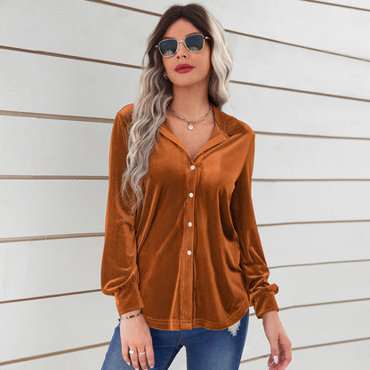Shirt in Velvet Stripe with Relaxed Longline Fit - caramel front view
