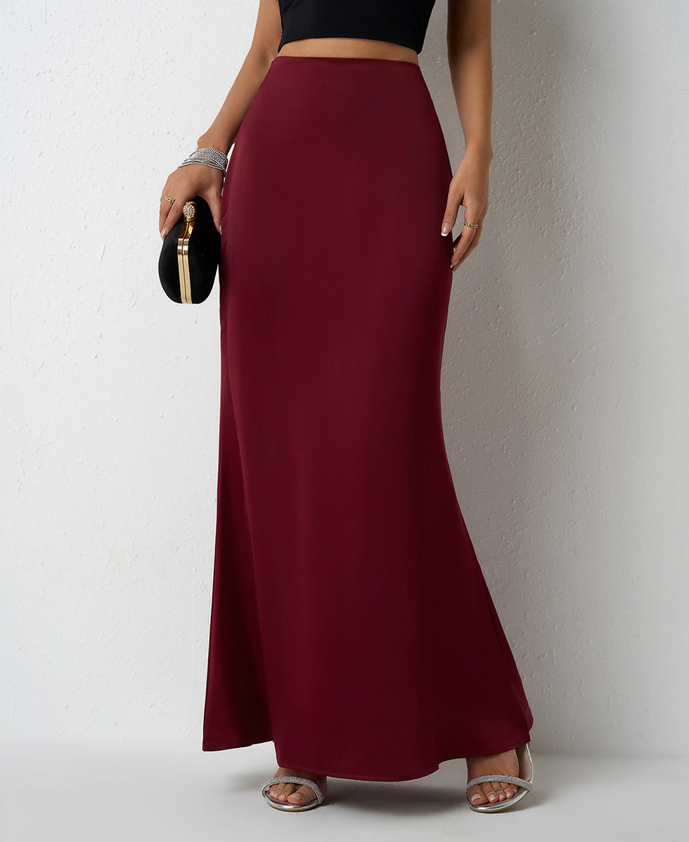 Maxi Skirt in Satin Bias Cut - Wine red front view