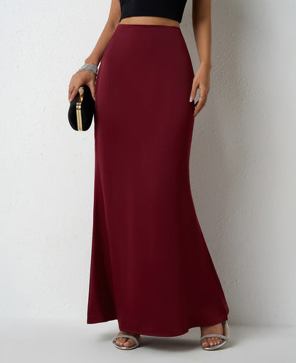 Maxi Skirt in Satin Bias Cut - Wine red front view