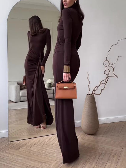 Ruched Slit Maxi Dress in Chocolate Brown - chocolate brown back view with full-length hem