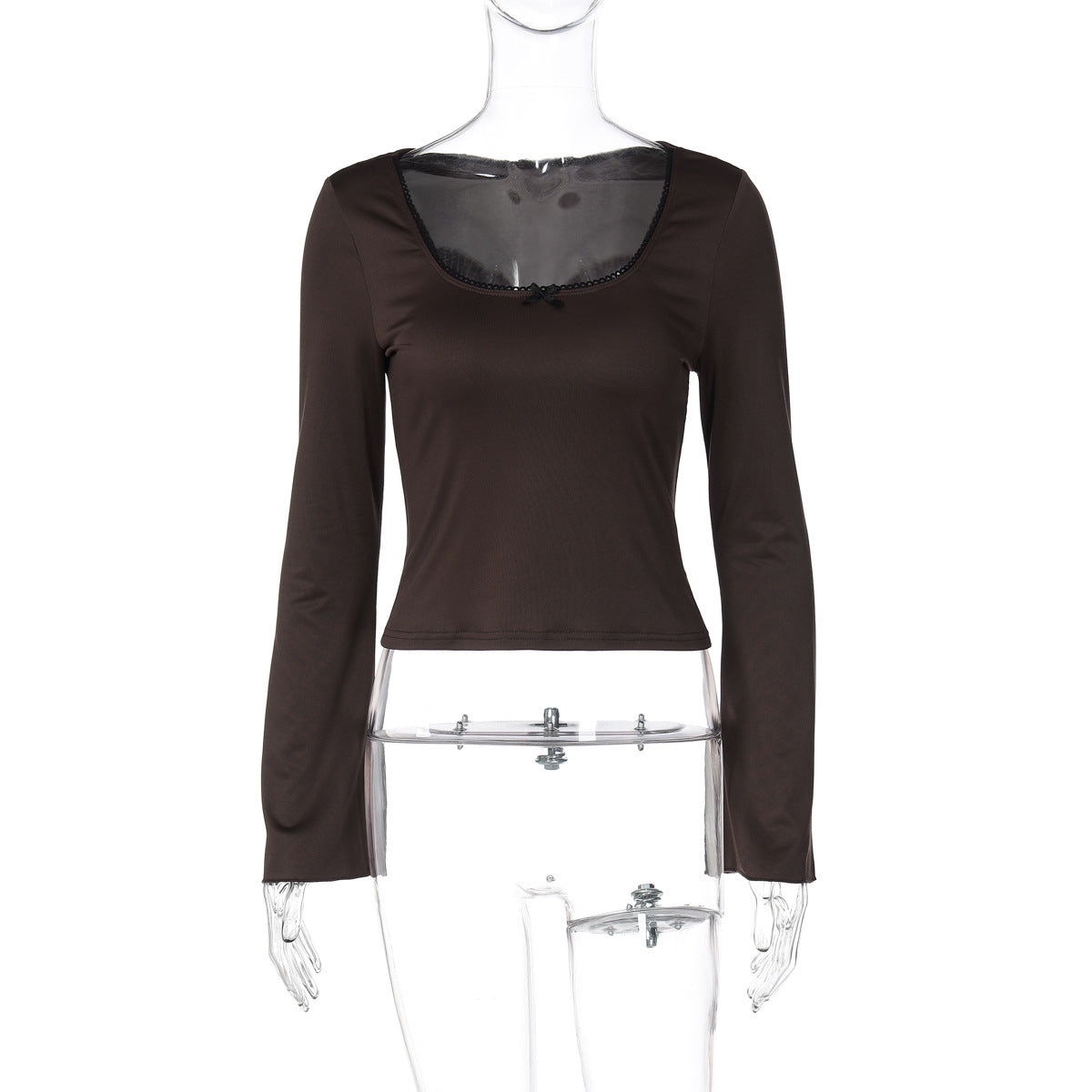 Top with Square Neck, Bow Detail and Flared Cuffs - brown mannequin fit view