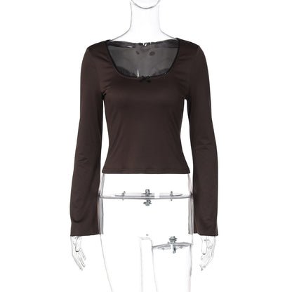 Top with Square Neck, Bow Detail and Flared Cuffs - brown mannequin fit view