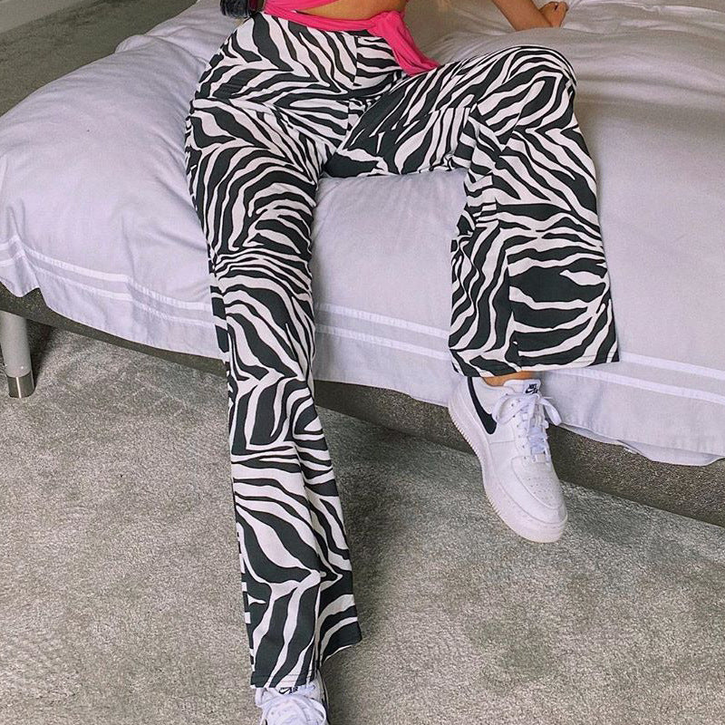 High-Waist Printed Wide-Leg Trousers - black and white pattern seated leg shape