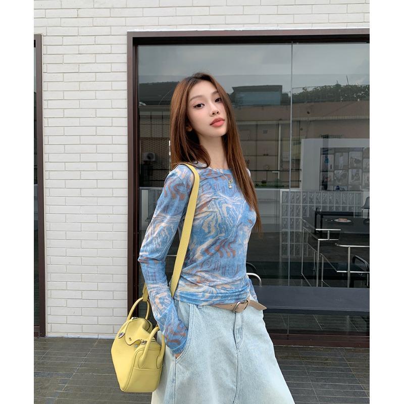 Top in Blue Swirl Print Mesh with Long Sleeves - blue outdoor side angle