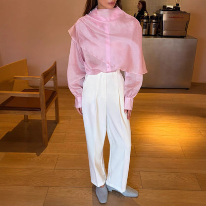 Pink Sheer Long-Sleeve Blouse — full-length front view