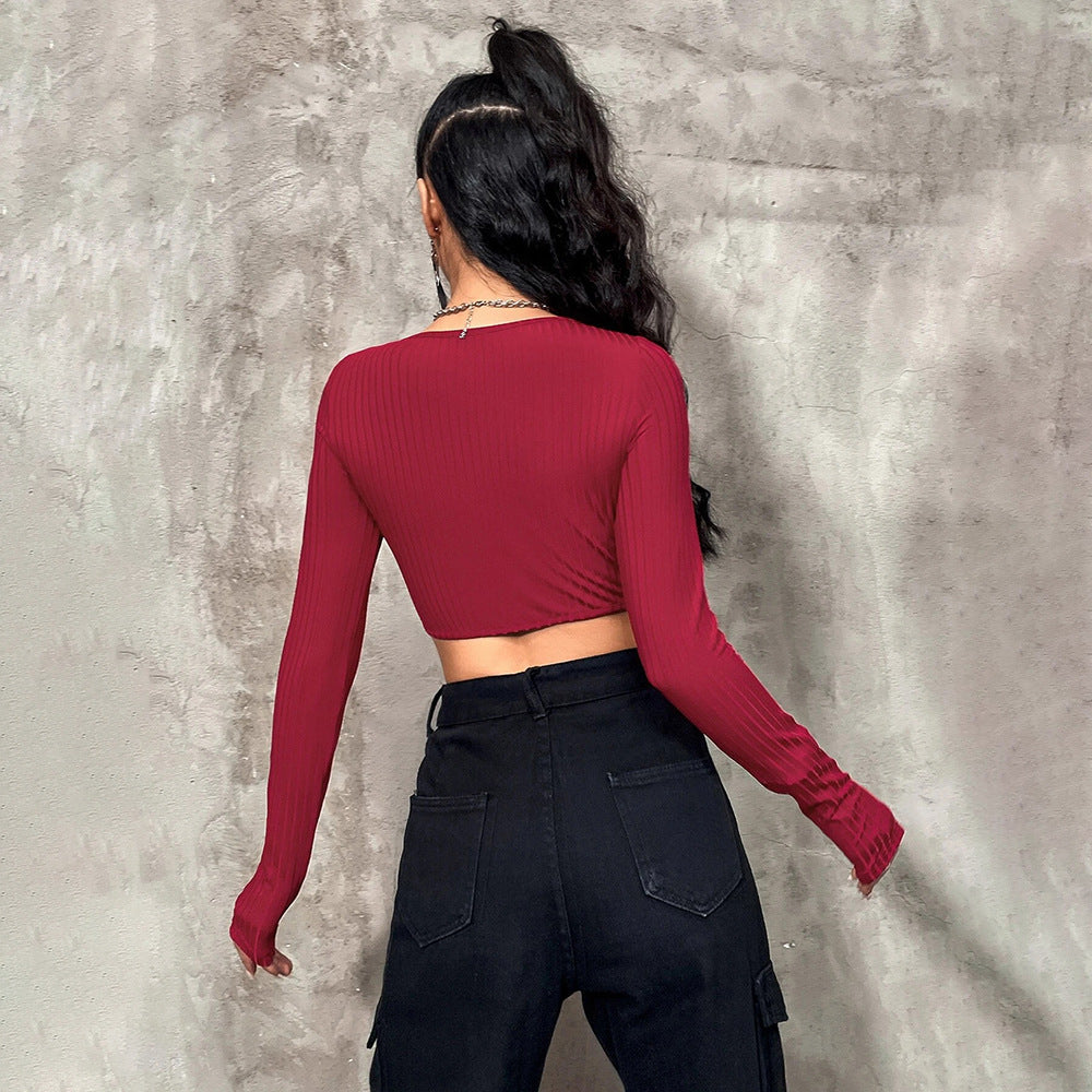 Crop Top in Wine Red with Twist Front Cut-Out - wine red back view