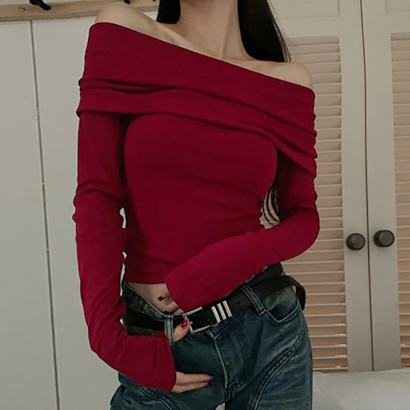 Top in Wine Red with Draped Bardot Neck - wine red foldover Bardot front