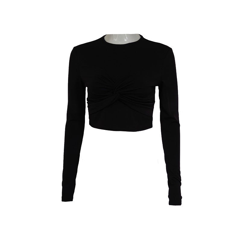Crop Top in White & Black with Twist Front and Long Sleeves - black flat lay front