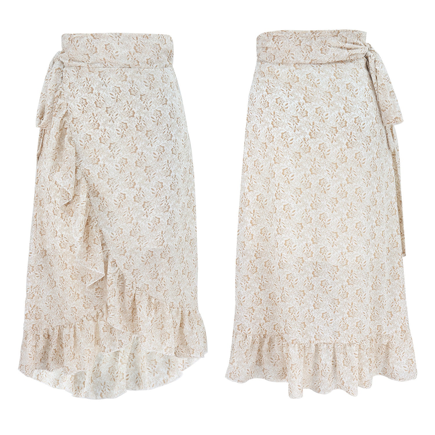 Midi Skirt in Floral Chiffon with Wrap Ruffle Hem - cream floral front and back view