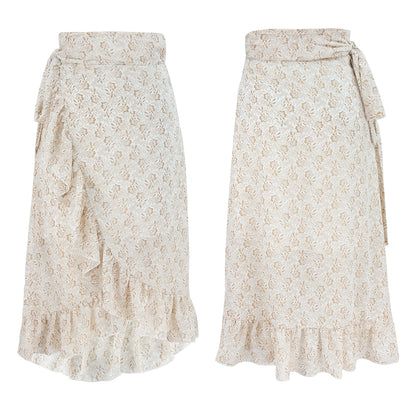 Midi Skirt in Floral Chiffon with Wrap Ruffle Hem - cream floral front and back view